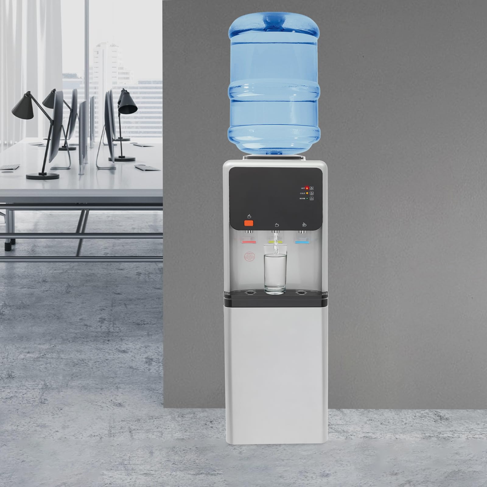 Dispensador de agua, dispensador de agua fría y caliente, autónomo cargado en la parte superior, 3 opciones de temperatura, tres salidas de agua, con espacio de almacenamiento, calefacción rápida