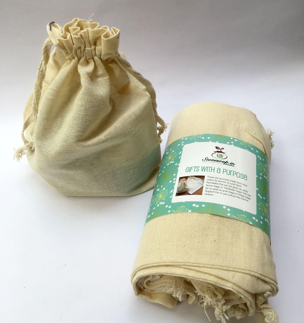 Stonesoup Fridge Kora Cotton Draw-String Goody Bags, 8"*10"(White)-Set of 12