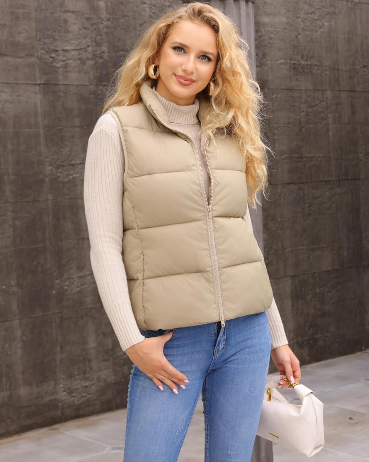 Fuinloth Women's Lightweight Puffer Vest, Water Repellent, 4 Pockets, Double Slider Zipper, Elastic Hem for Fall & Winter