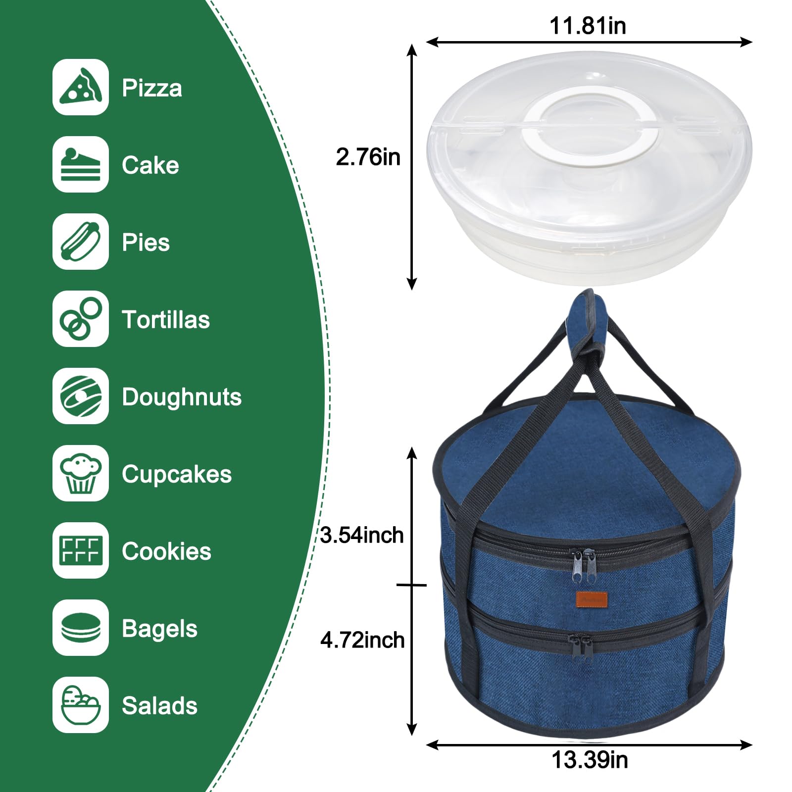 Kuchenträger mit Deckel und isolierter Lebensmitteltragetasche, wiederverwendbare Frischhaltedosen für Kuchen, Käsekuchen, Pizza, Nüsse, Obst, 30,5 cm, 2 Stück (blau)
