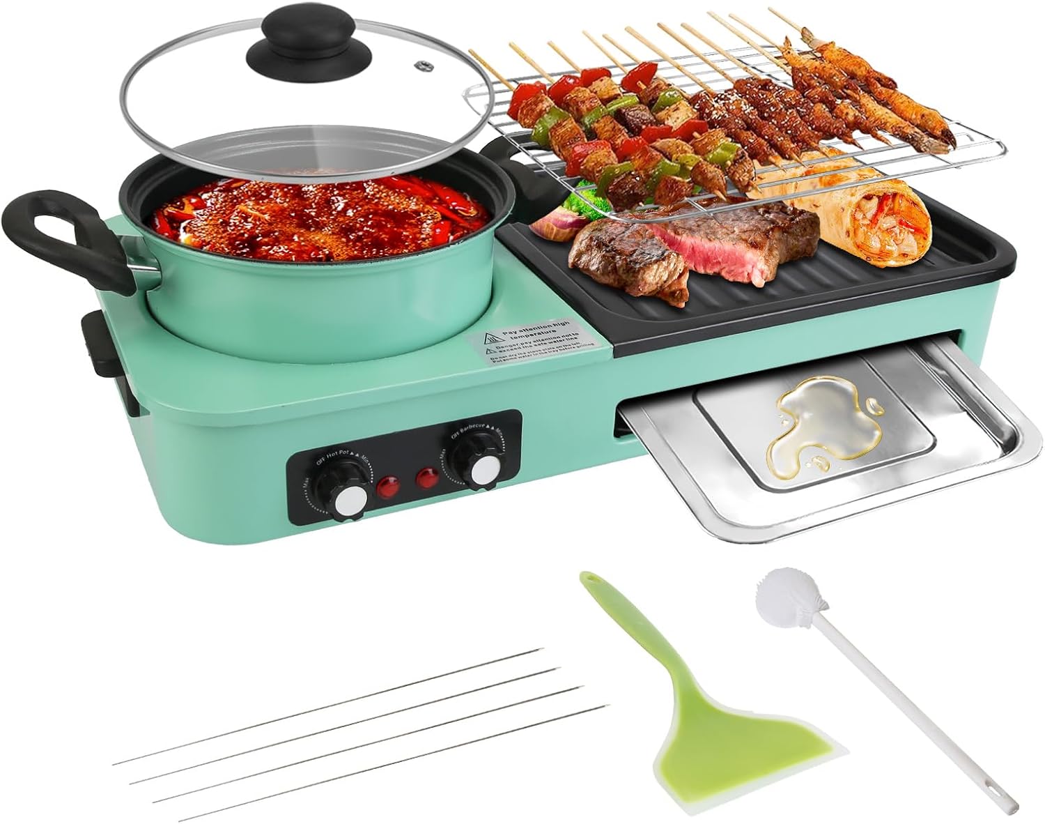 Olla Eléctrica 3 en 1 con Parrilla, Cocina sin Humo para BBQ Coreano