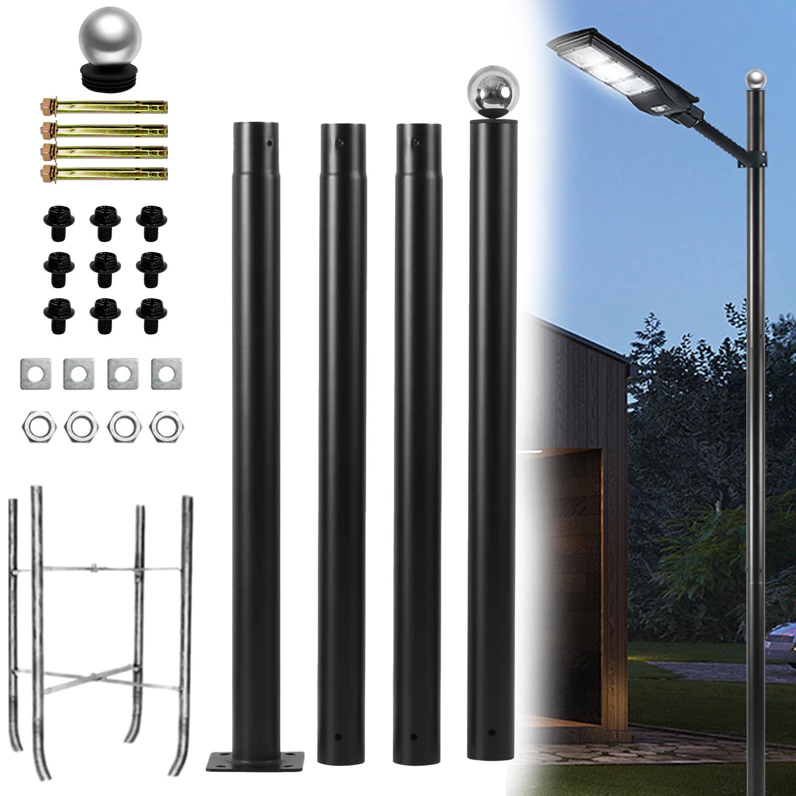 Street Light Pole 13 ft，Black Outdoor Solar Light Pole，Split Heavy-Duty Metal Adjustable Street Lamp Post, with Rebar Cage and Ground Screw ，for Basketball Courts,Street,Parking Lots,Park.