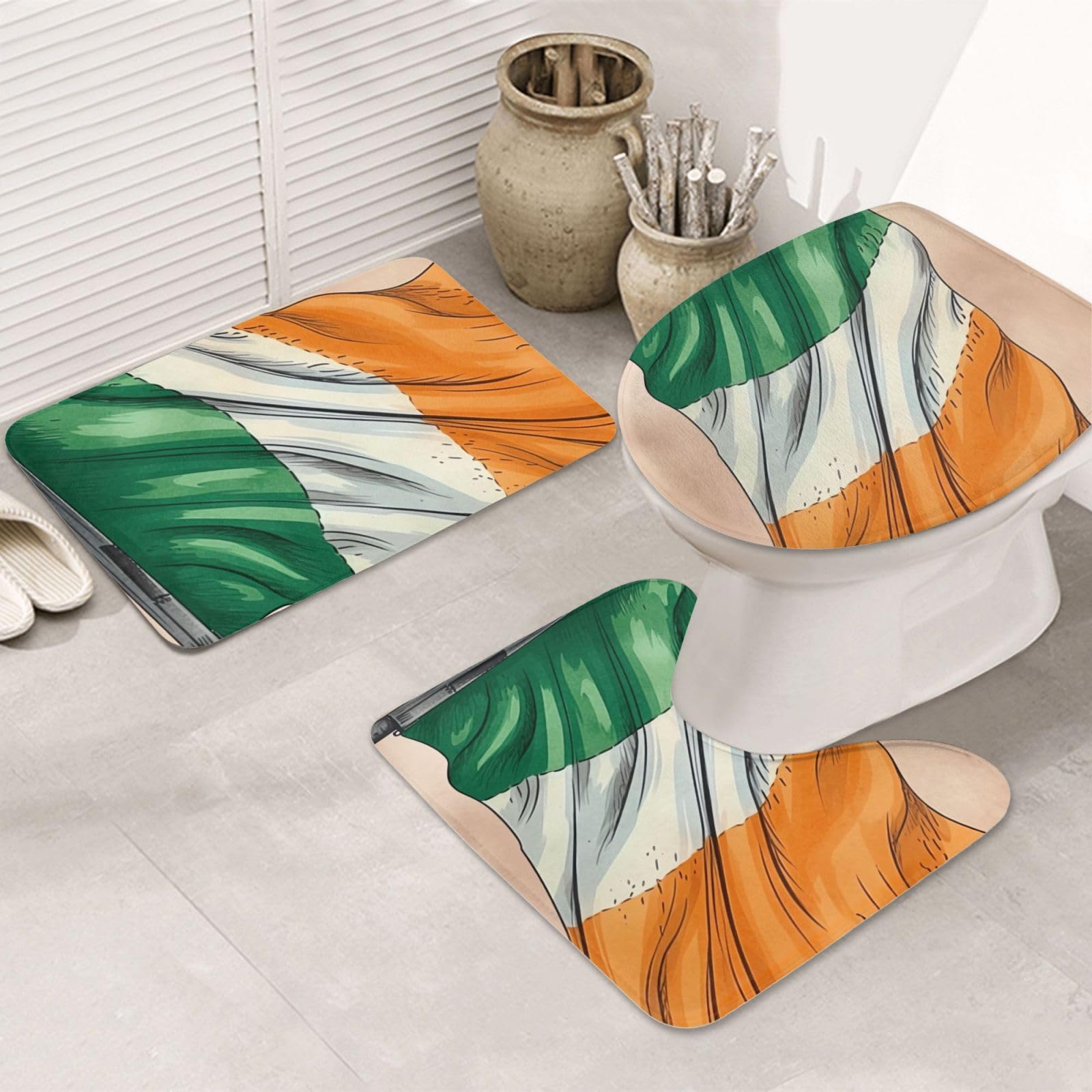 Tapis de salle de bain lot de 3 ultra doux motif drapeau irlandais antidérapant avec contour U