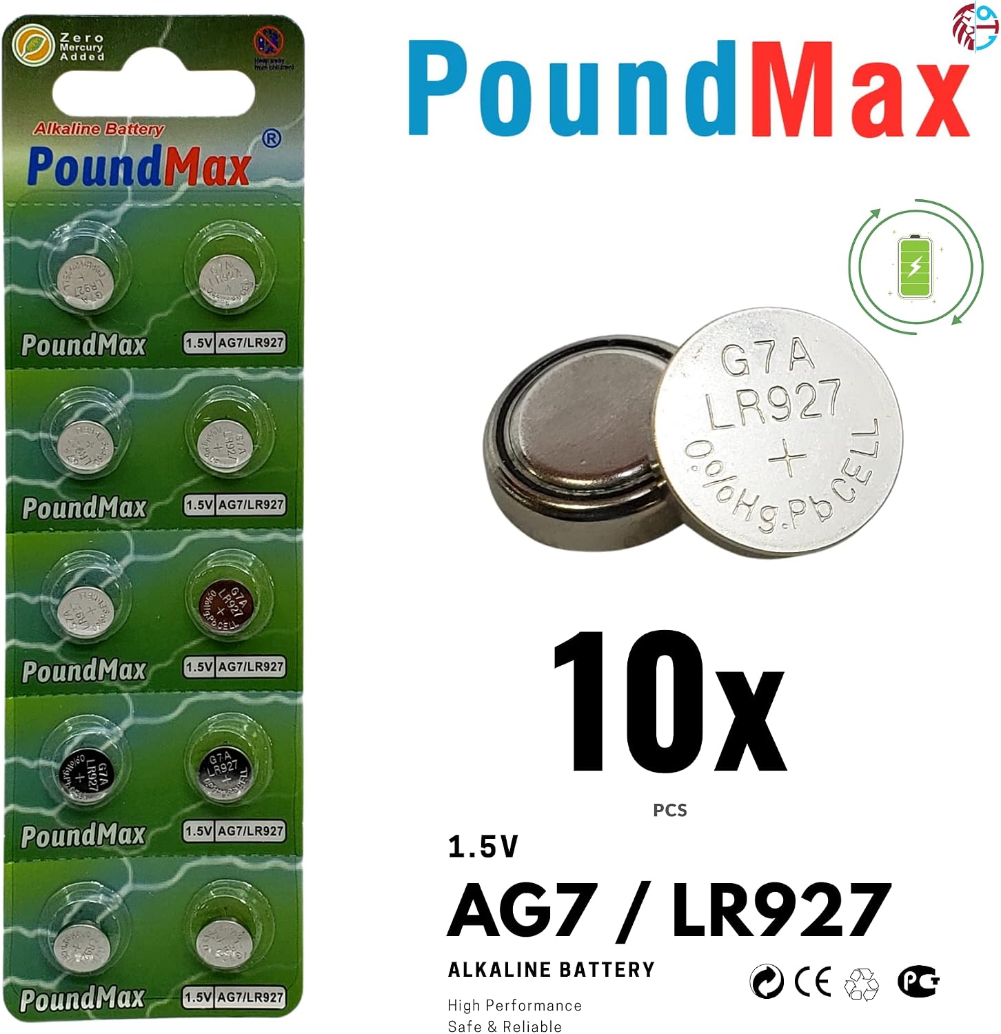 PoundMax AG7 LR927 Batteries 1.5v Alkaline Button Cell Battery - 10 Count