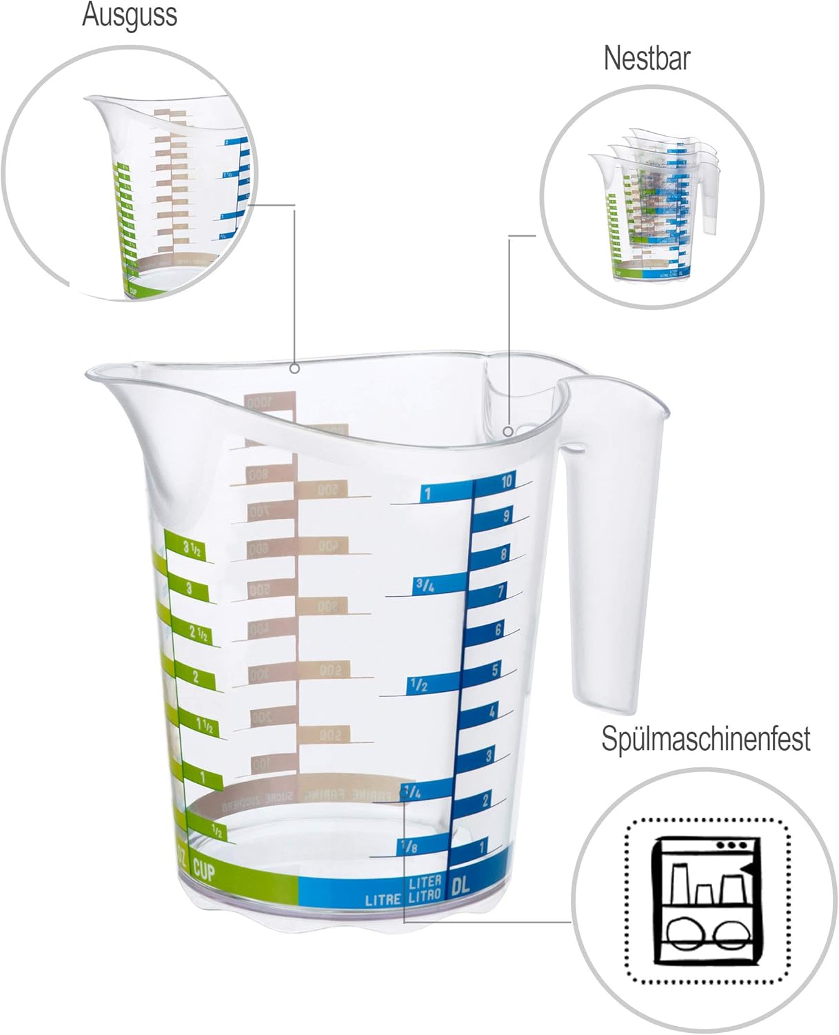Rotho, Domino, Measuring cup 1 l, Plastic (PP) BPA-free, transparent, 1l (18,5 x 12,4 x 15,7 cm)