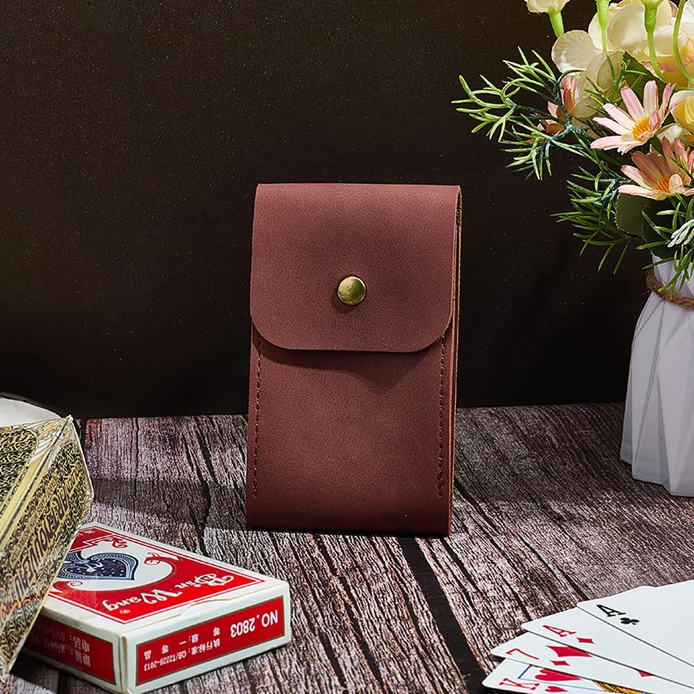 Multipurpose PU Leather Playing Card Case Single Deck Leather Playing Card Holder Box Pouch Dark Brown Compatible Wallet with Snap Button for Poker Bridge Board Games Travel Accessory