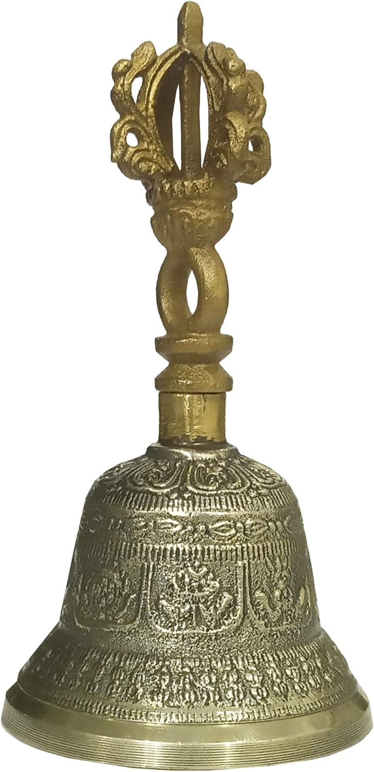 Purpledip Bell Metal Tribhu Handheld Ringing Bell Gahnta with Dorje Handle: Buddhist Tibetan Meditation Prayer Musical Instrument, Small (10680B)
