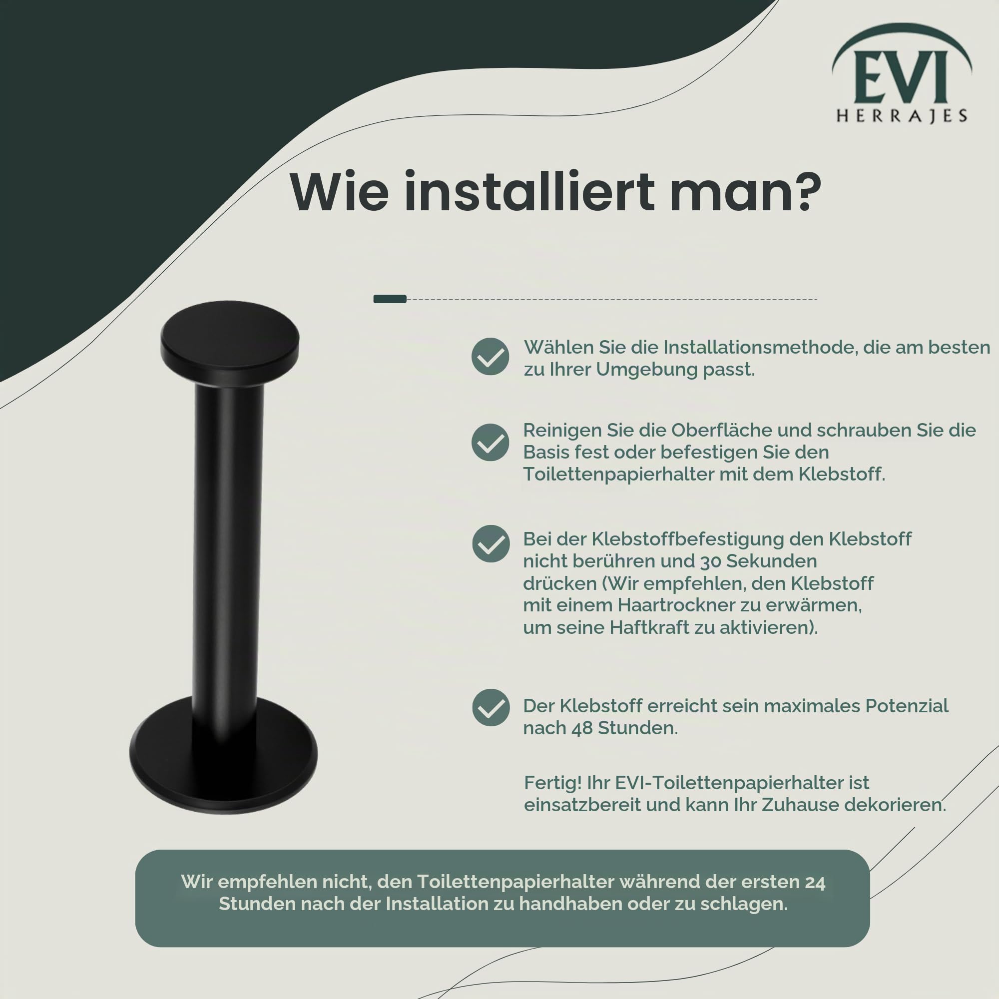 EVI Herrajes Toilettenpapierhalter, schwarz, selbstklebend oder schraubbar, Edelstahl schwarz lackiert, Modell 050PR1DUALNG