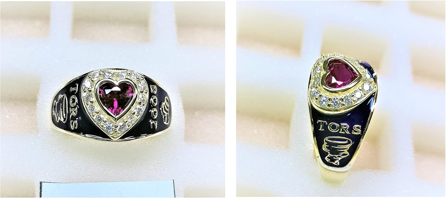 JNJ Women's Class Ring, personalized for high school and college graduates, Sterling Silver, Heart birthstone with 2 customized vectors, Classic collection-Jour Nouveau Jewelry