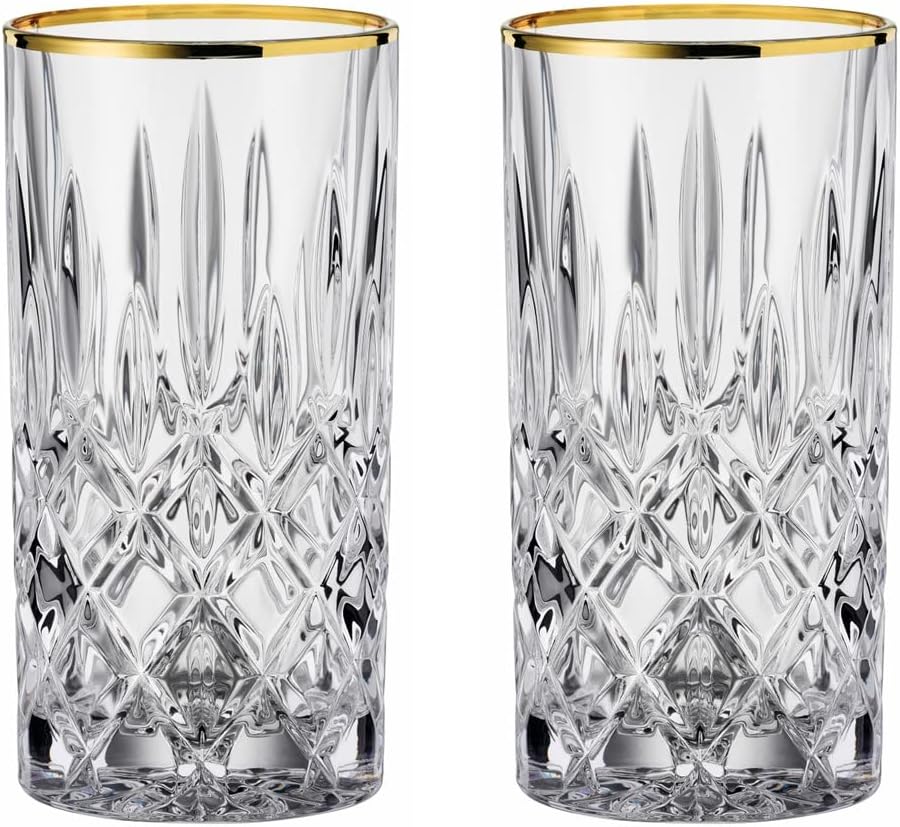Nachtmann Noblesse Gold Collection Crystal Long Drink Glasses, Set of 4, Gold Rimmed, Crystal Cut Design Glass, for Cocktails or Any Beverages, 6 Inch,12.7 Ounces