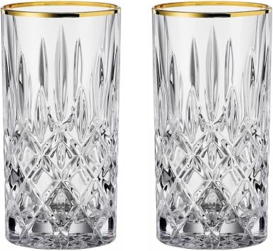 Nachtmann Noblesse 12.7 oz Crystal Glass Drinkware, Set of 2 6" Tall Cut Crystal Design with Gold Rim Lead-Free Elegant Barware for Cocktails, Mixed Drinks, Beverages & Home Entertaining