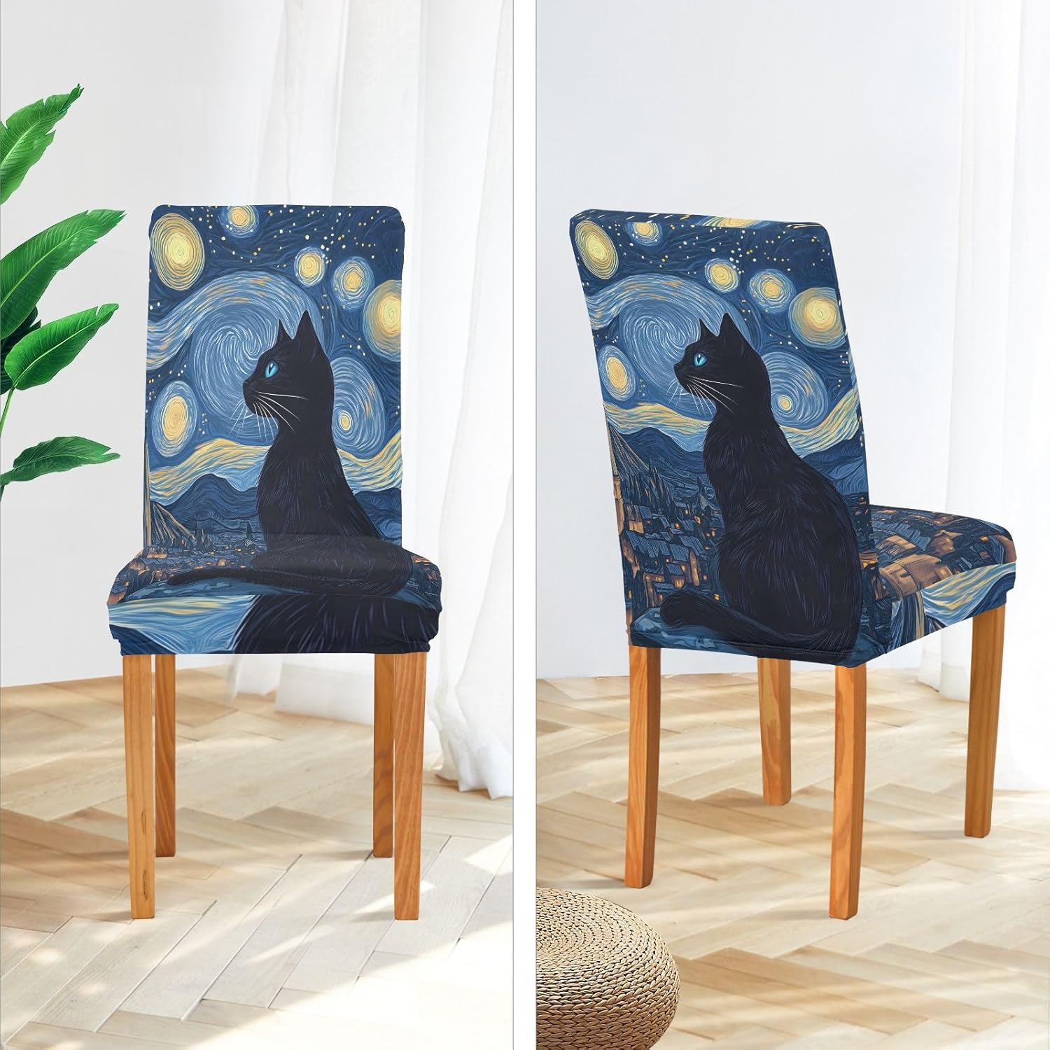 ALAZA Chair Covers for Dining Room, Black Cat Moon Stretch Chair Cover Sets Chair Protector Removable Washable for Ktichen Restaurant Hotel