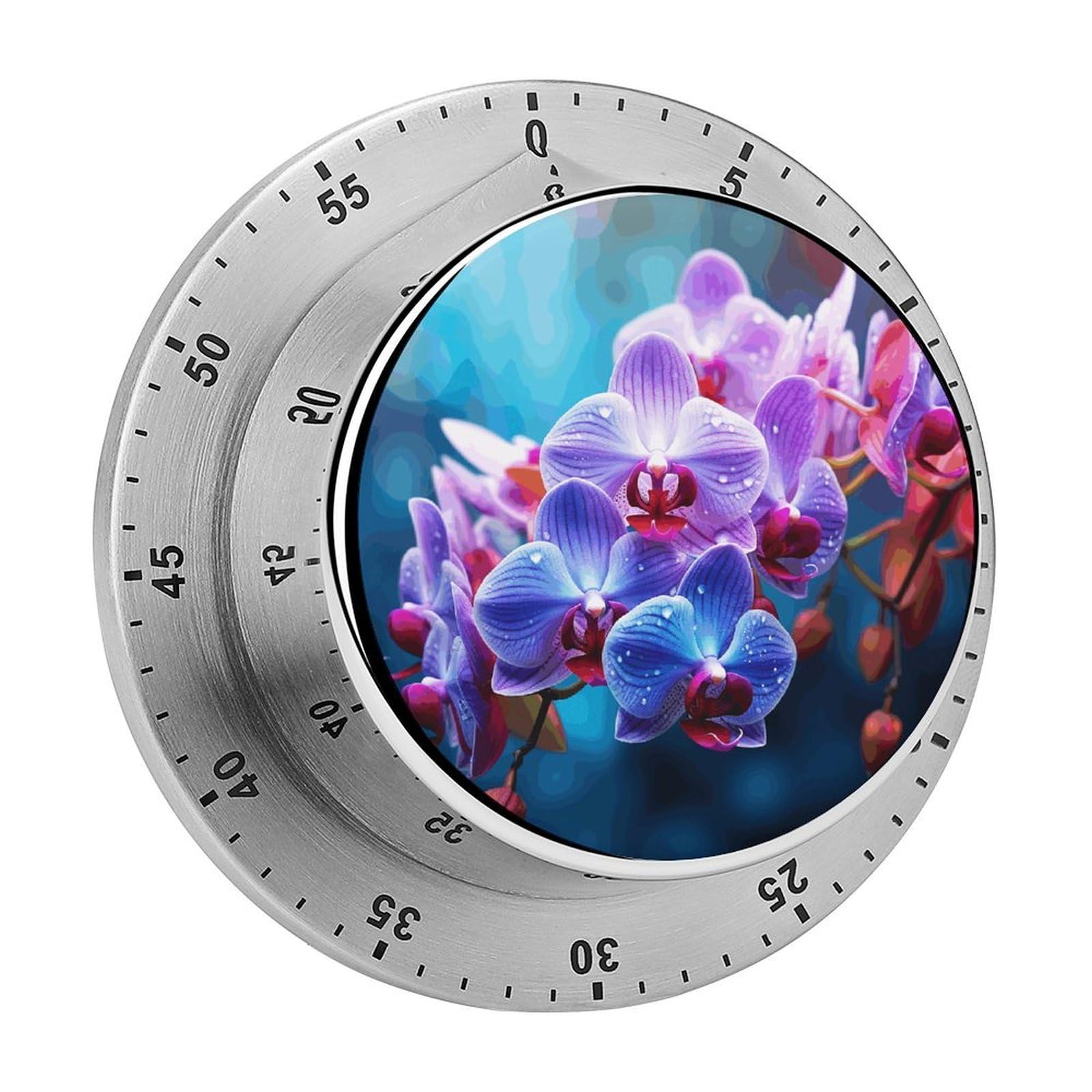 Colorful Orchids Flower Timer Exquisite Stainless Steel Body Mechanical Desk Timers 60 Minutes Visual Countdown Timers with Magnetic Backing Loud Alarm Kitchen Timer for Cooking