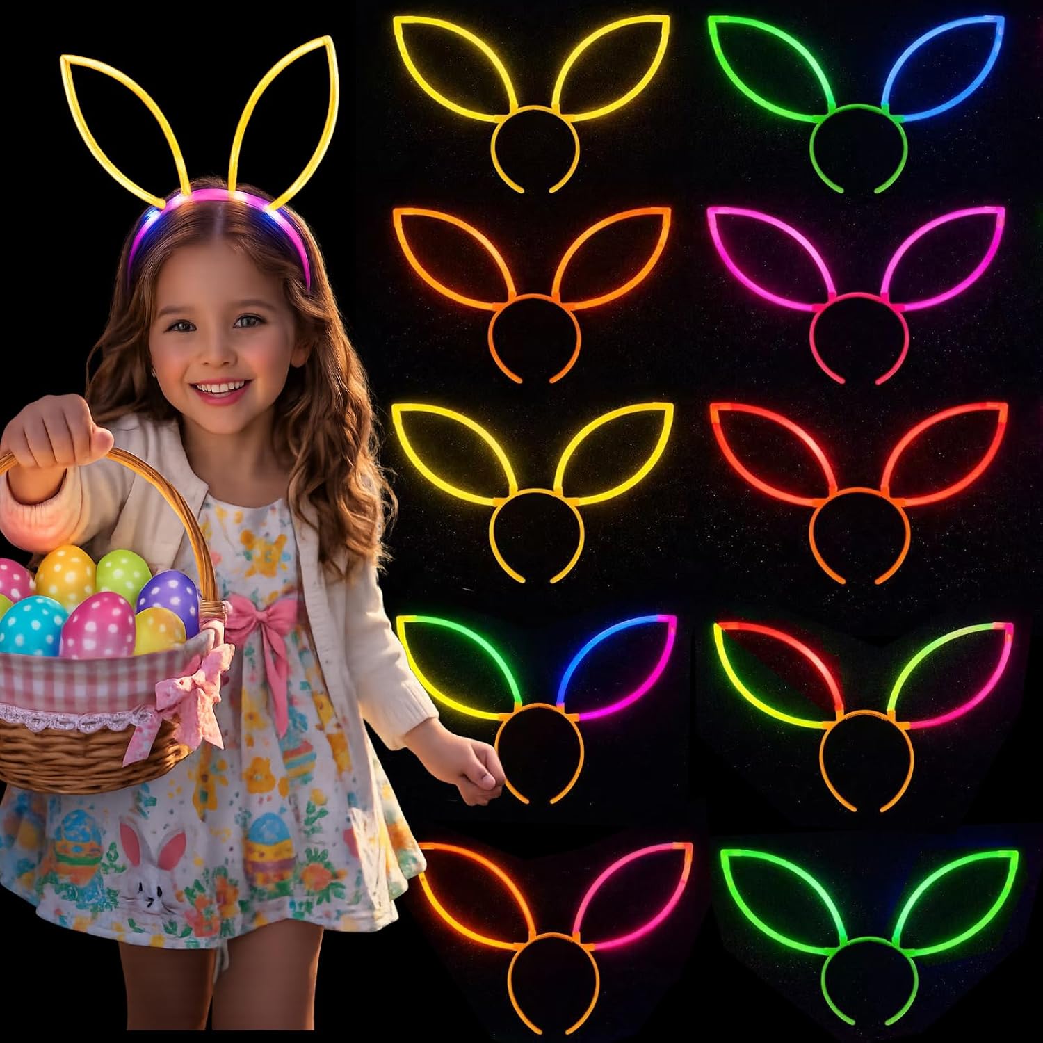 GiftExpress Easter Glow Stick Bunny Ear Headbands, 12 Pack Assorted Colors, Glow Party Headwear for Kids, Teens & Adults, Bunny Ears for Egg Hunts, Night Events, Classroom Parties & Photo Booth Props