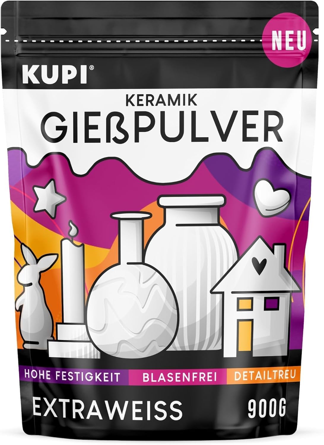 KUPI 0,9kg Gips zum Gießen Lufthärtend & Geruchlos | Keramik Gießpulver Weiß | Gießmasse für Silikonformen | Reliefgießpulver zum Basteln Modellieren Strukturieren