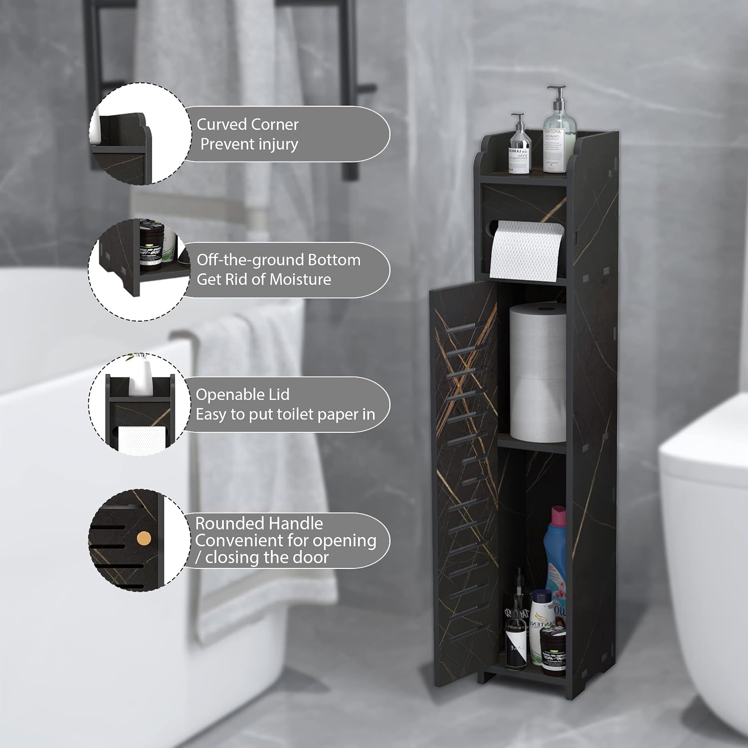 LuckyBond Small Bathroom Storage Cabinet Corner Shelf with Door and Shelf Narrow Toilet Paper Holder with Storage, Slim Toilet Vanity,Black, 6" W x 7.7" D x 31.5" H