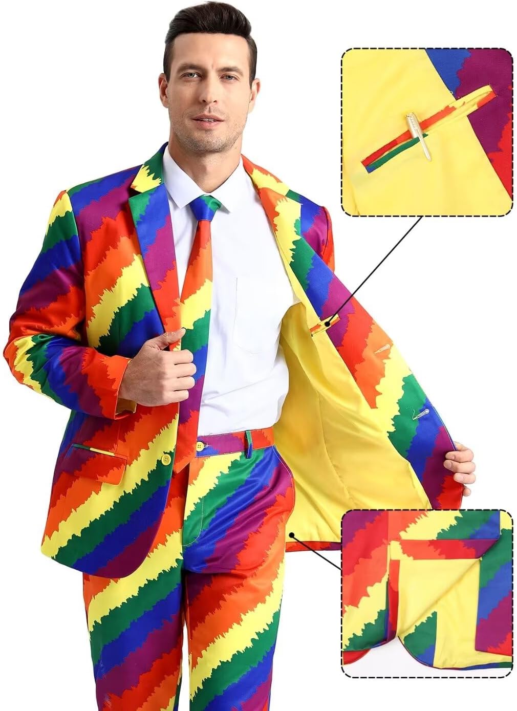 Men's 3-Piece Pride Rainbow Suits, Two Button Jacket & Pants & Tie