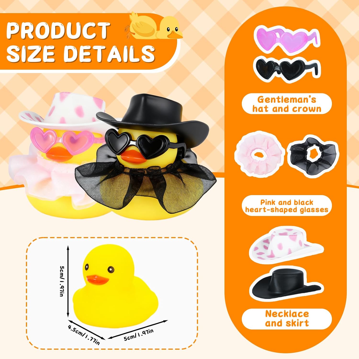 2pcs Rubber Duck Dashboard Decorations with Black Cowboy Hat, White Polka Dot Cowboy Hat, Pink Sunglasses, Black Sunglasses, Pink Skirt & Black Skirt - Mini Rubber Ducks with for Car & Office Decor