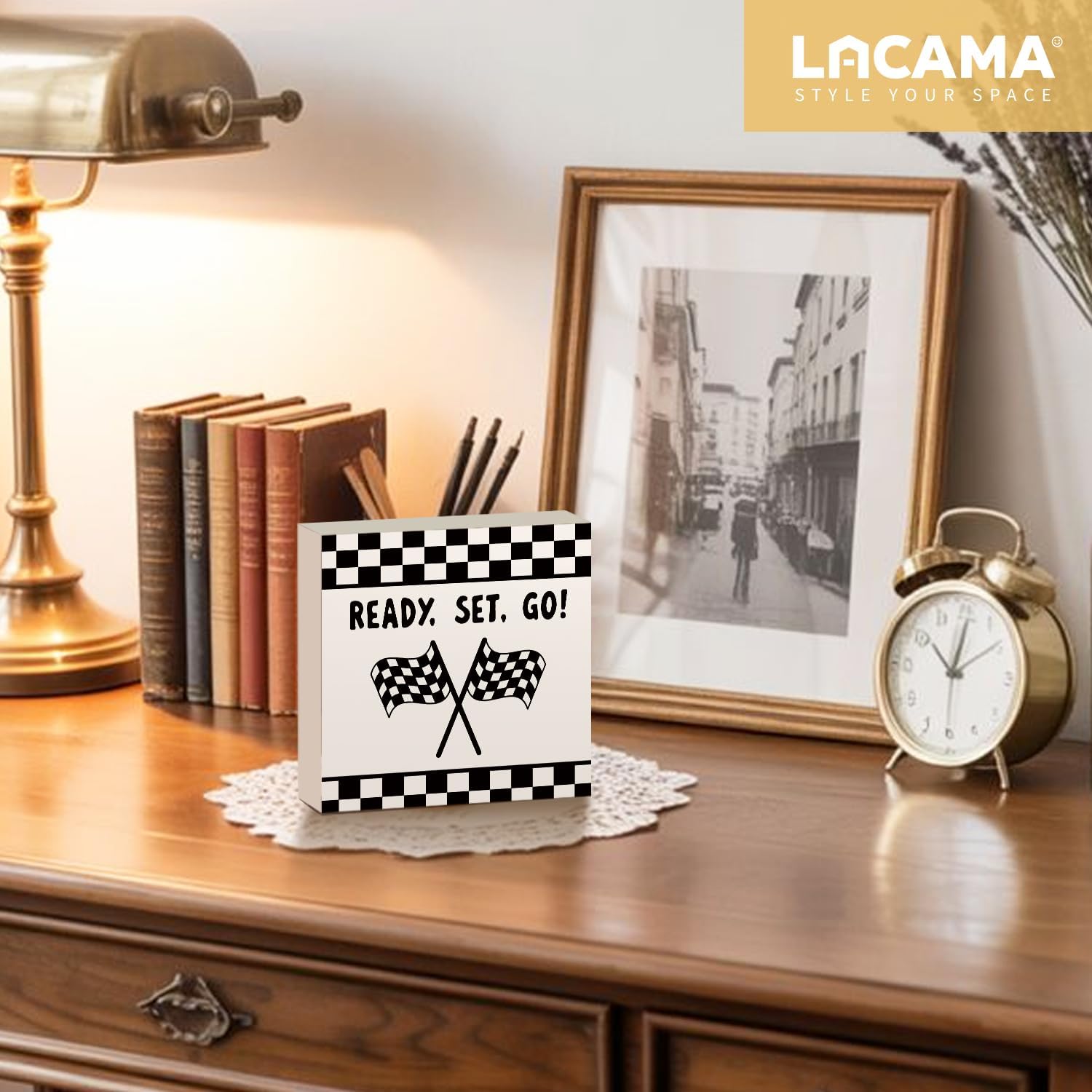 Lacama Race Car Boys Room Wooden Box Sign, Ready Set Go Race Car Decorations Wood Block Signs, Black and White Checkered Wood Sign for Boys Room Playroom Desk Shelf Wall Decor 5x5 Inches image 4