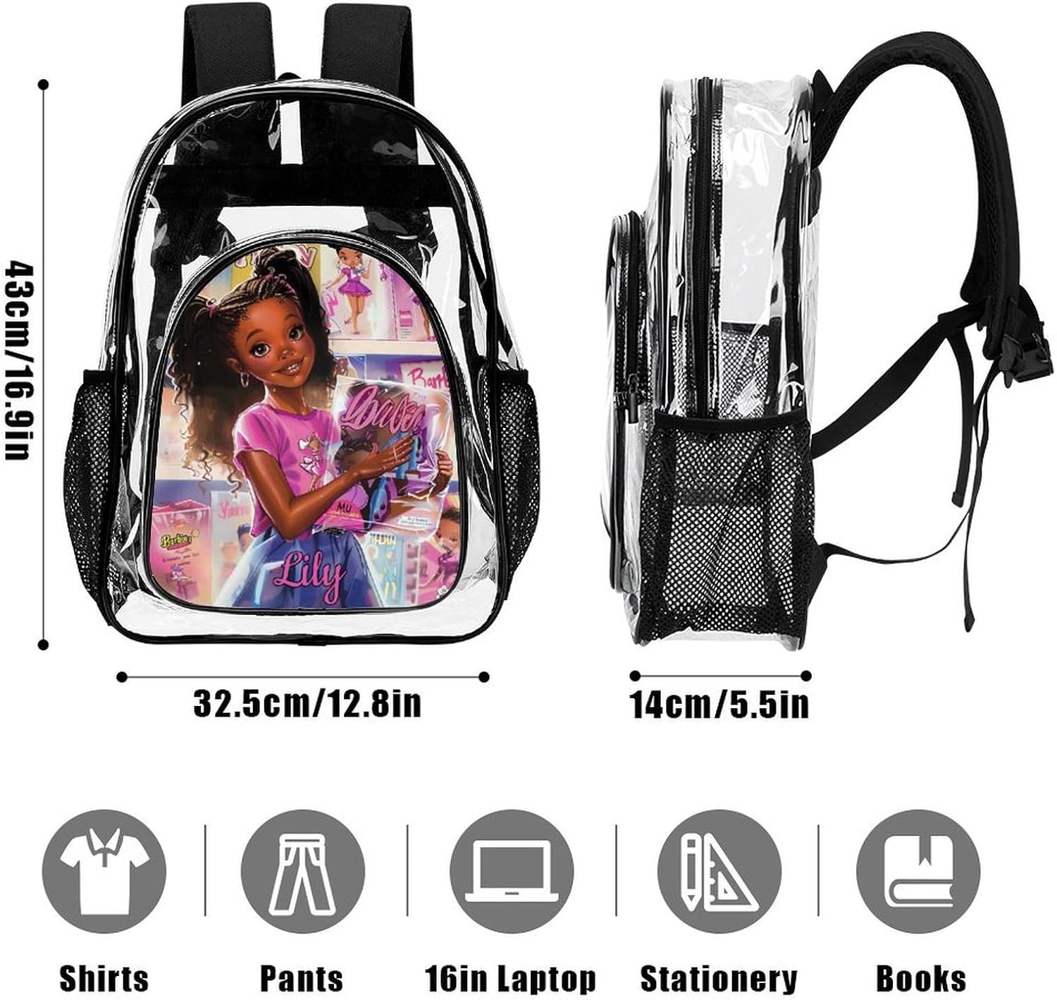 Personalized Clear Backpacks with Name, Custom Funny Girl PVC Transparent Backpacks with Reinforced Strap for Boys Girls Back to School Gifts