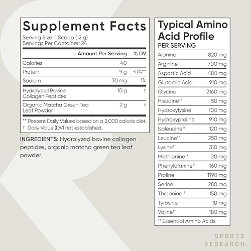 Vista 5 de Sports Research Péptidos de colágeno premium en polvo y té verde matcha orgánico, suplemento de proteína de colágeno en polvo con matcha japonés