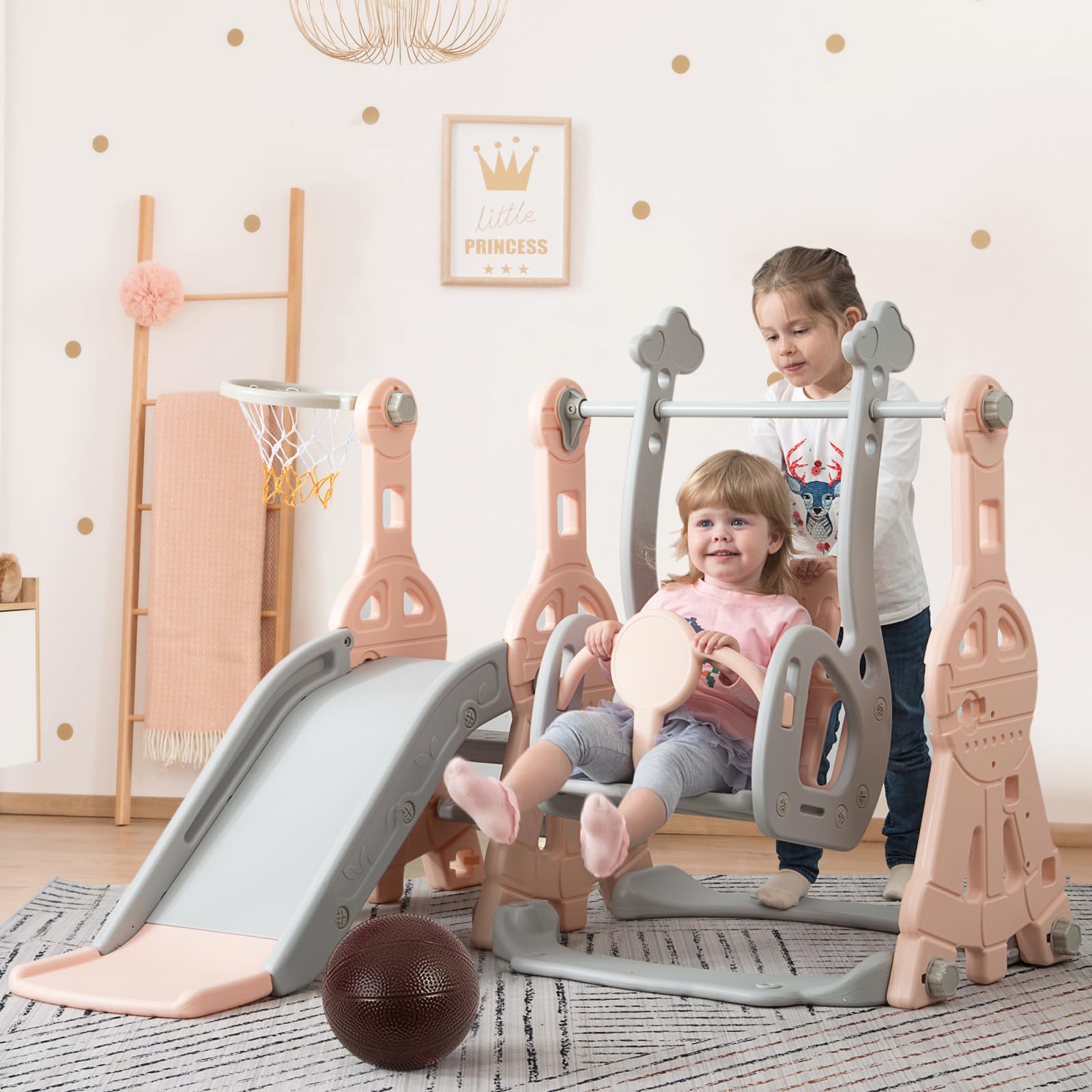 Tobogán infantil 4 en 1, columpio, juego de toboganes infantiles con escaleras, columpio, tobogán y soporte de baloncesto, rosa
