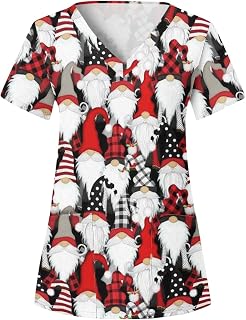 Mrat Christmas Tops for Women UK Elegant Blouse Xmas Print Shirts Short Sleeve Tunic Top V Neck T Shirt with Pockets Ladies Casual Tops Loose Tees Shirts for Work Clearance