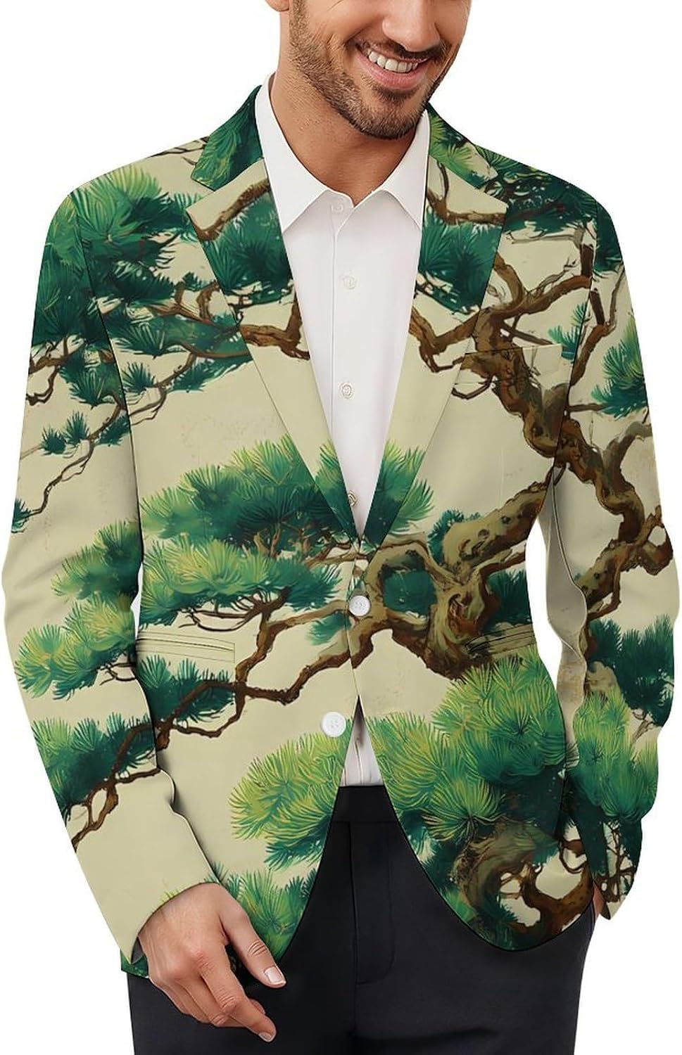 Japanese Pine Tree Suits Blazer for Men Casual Buttons Lapel Jacket