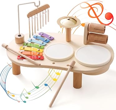 Wooden Drum Set for Toddlers 1-3, Musical Percussion Instruments for Kids Baby Drum Set Xylophone, Montessori Educational Musical Toys, Gifts for Girls Boys Ages 3+