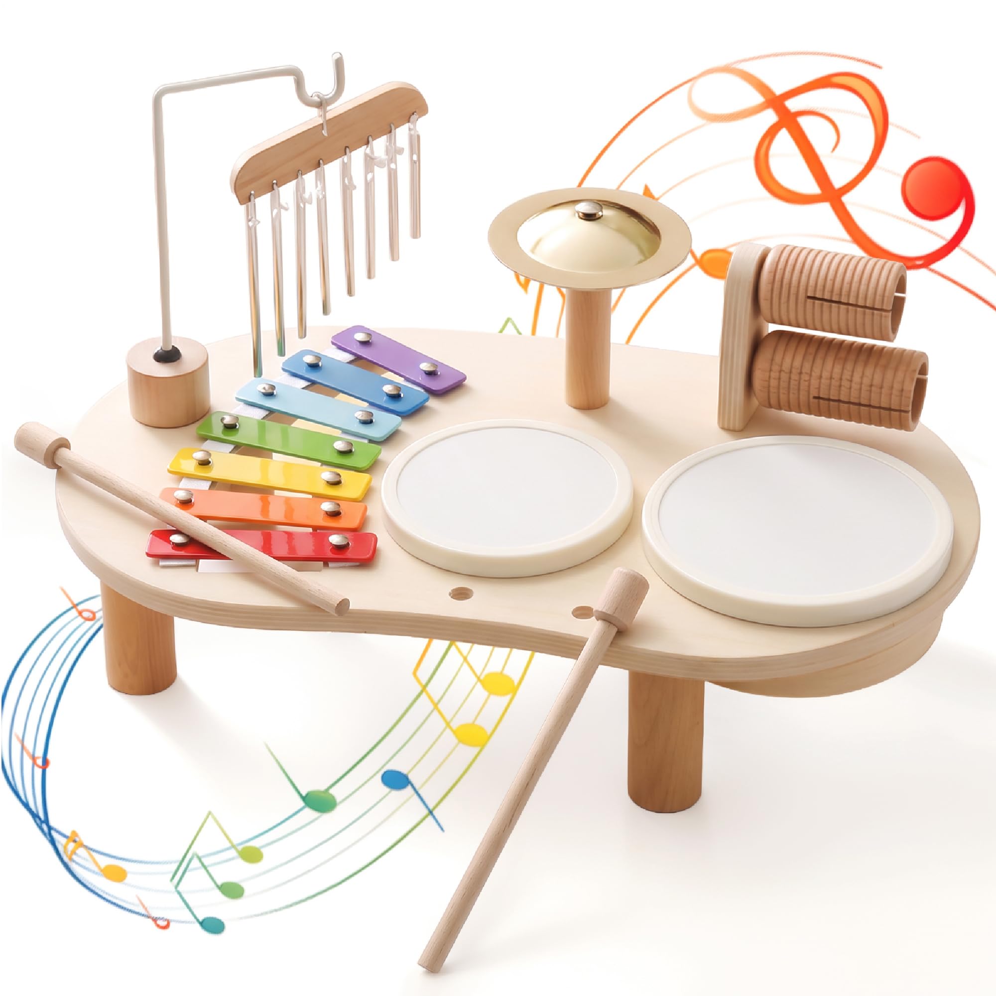 Wooden Drum Set for Toddlers 1-3, Musical Percussion Instruments for Kids Baby Drum Set Xylophone, Montessori Educational Musical Toys for Girls Boys Ages 3+