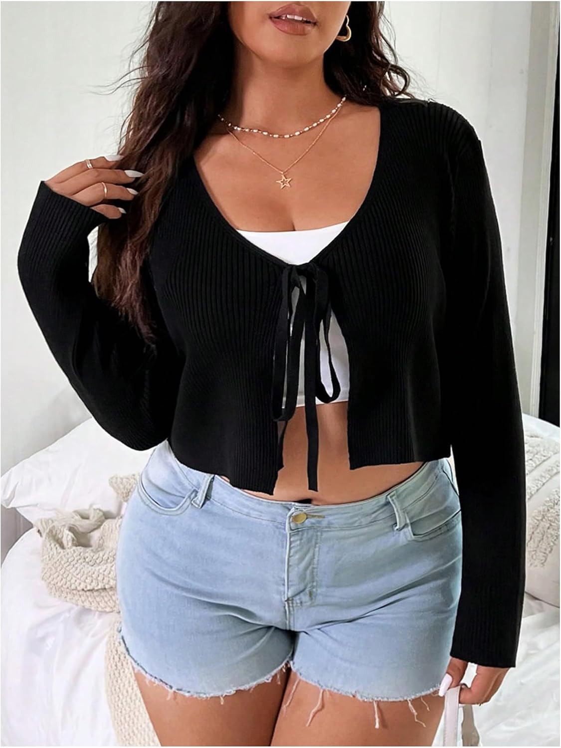 Floerns Women's Tie Front Long Sleeve Rib Knit Shrug Sweaters Cardigan Crop Top - Image 4