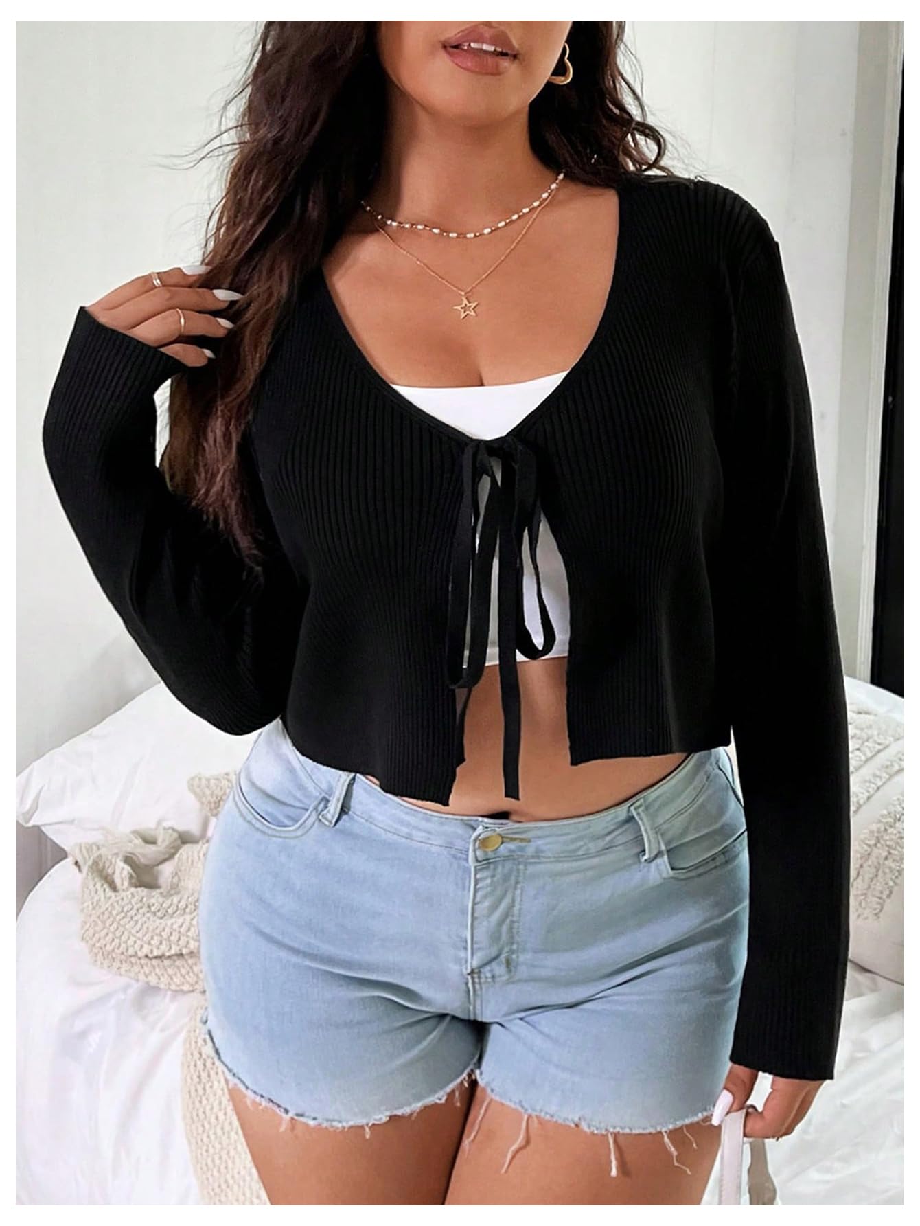 Floerns Women's Tie Front Long Sleeve Rib Knit Shrug Sweaters Cardigan Crop Top