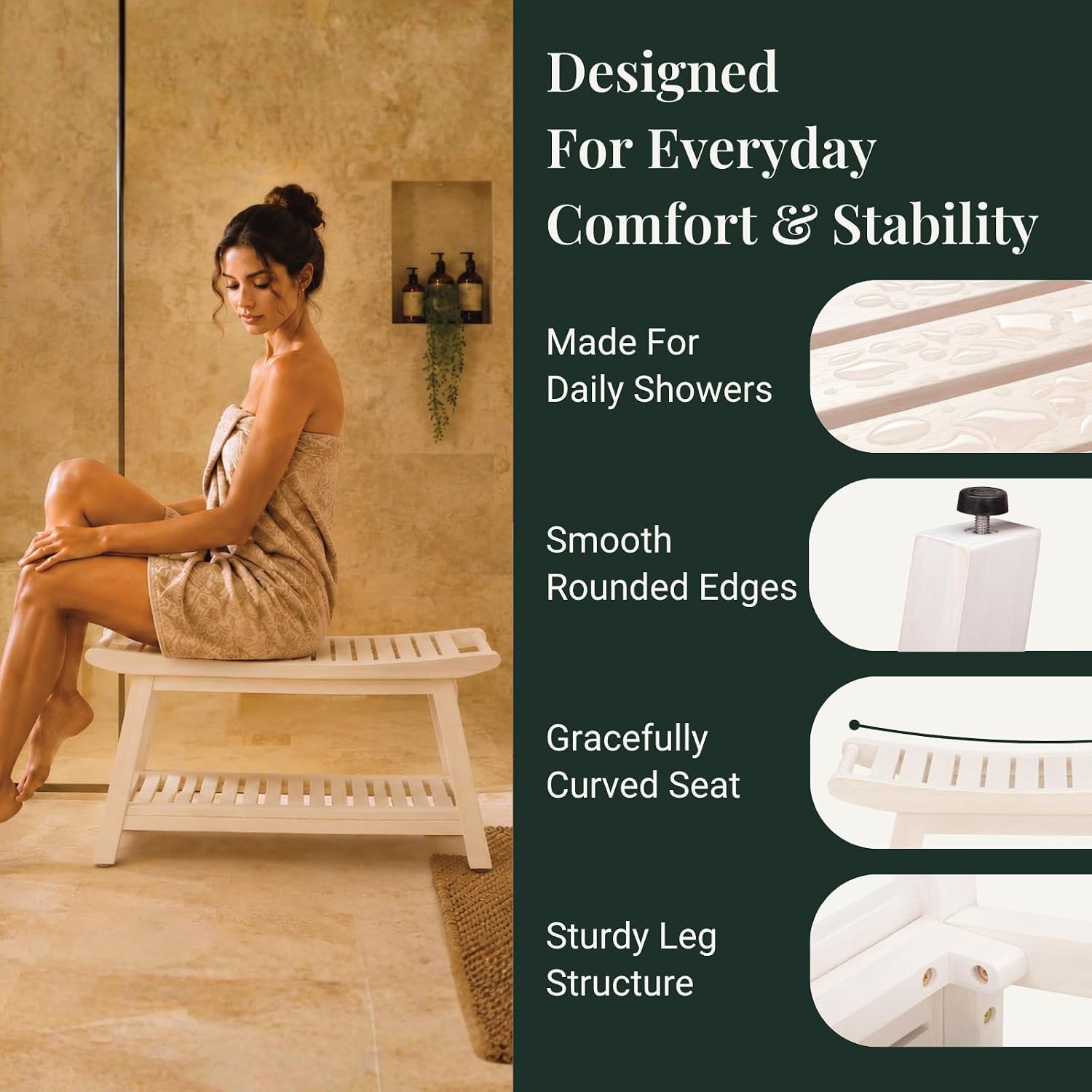 Solid Wood Shower Bench Seat for Inside Shower, Chair Stool 30" image 5
