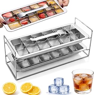 Stainless Steel Ice Cube Trays, Metal Ice Cube Trays for Freezer Vintage Inspired Design with Release Lever Remove Handle for Making Large Cubes Kitchen & Bar (2 pack)
