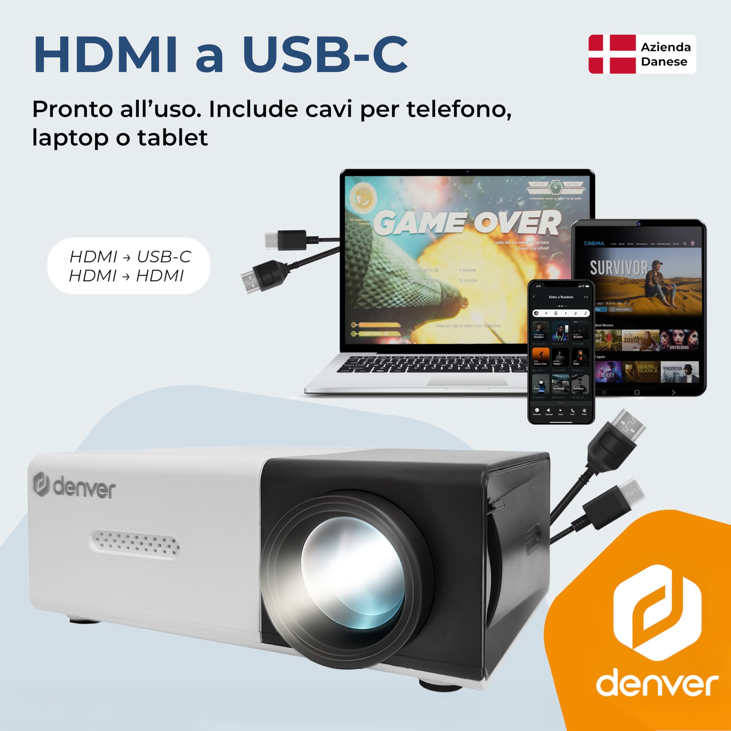 Denver PR-1000 Mini Proiettore LED Portatile Supporta Full HD 1080p con HDMI, USB-C e MicroSD, Proiettore Home Cinema Compatto 20-60 Pollici Dimensioni Schermo