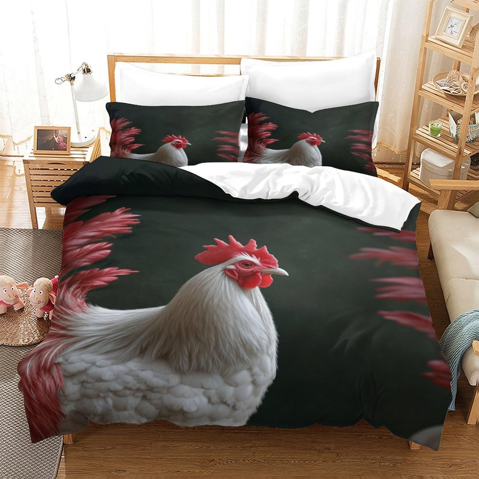P1s9u7w5y Gallic Rooster-2 Vivid Animal 3D Printed Rooster Microfiber Duvet Cover Set 3Pcs Farmhouse Bedding Set Double（200X200cm）