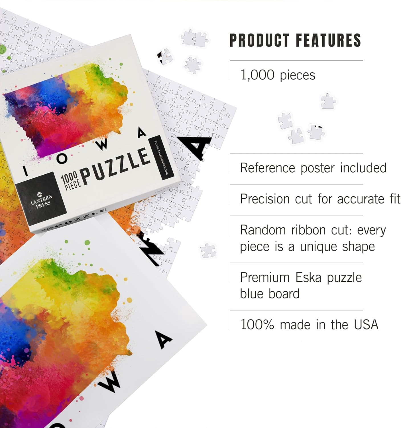 Iowa, State Abstract Watercolor (1000 Piece Puzzle, Challenging Jigsaw Puzzle for Adults, Made in USA)
