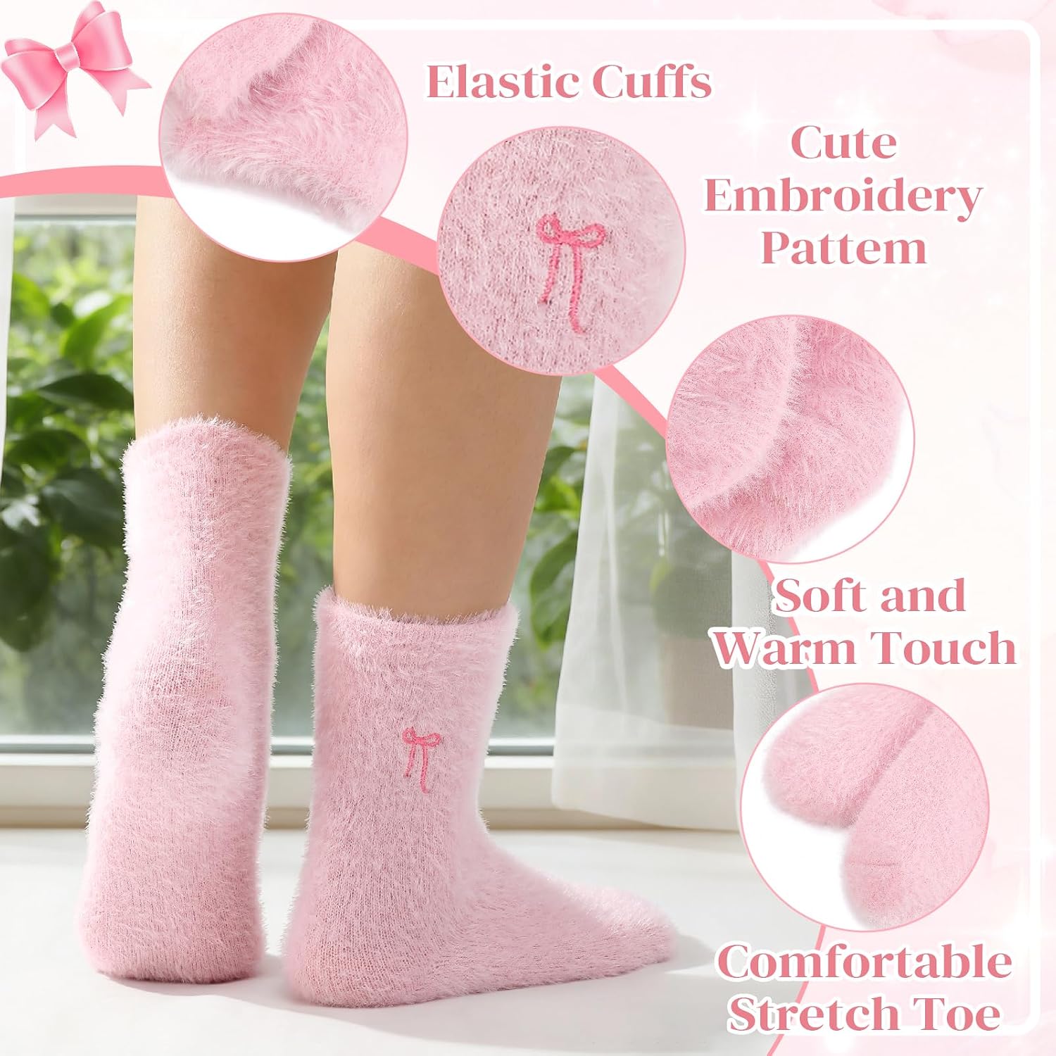 Womens Fuzzy Socks Bow Cute Embroidery Printing Girls Slipper Sock