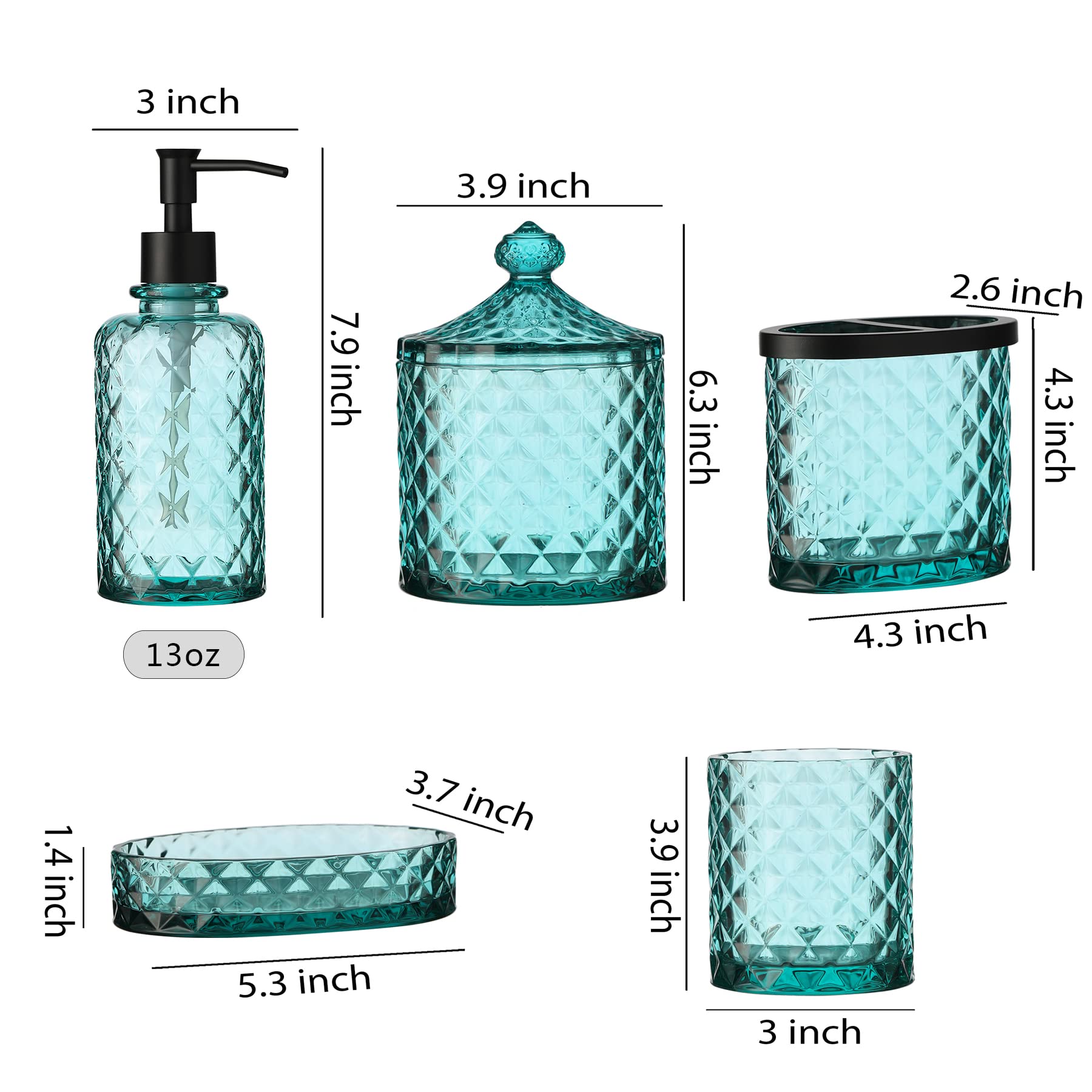 Juego de 5 Accesorios de baño de Cristal Que Incluye dispensador de jabón, Vaso, jabonera, Soporte para Cepillo de Dientes y Tarro de boticario (Azul)
