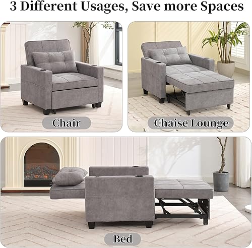 Vista 35 de Silla de cama convertible, sofá cama extraíble con respaldo ajustable, tela de lino, silla convertible con bolsillo lateral para sala de estar