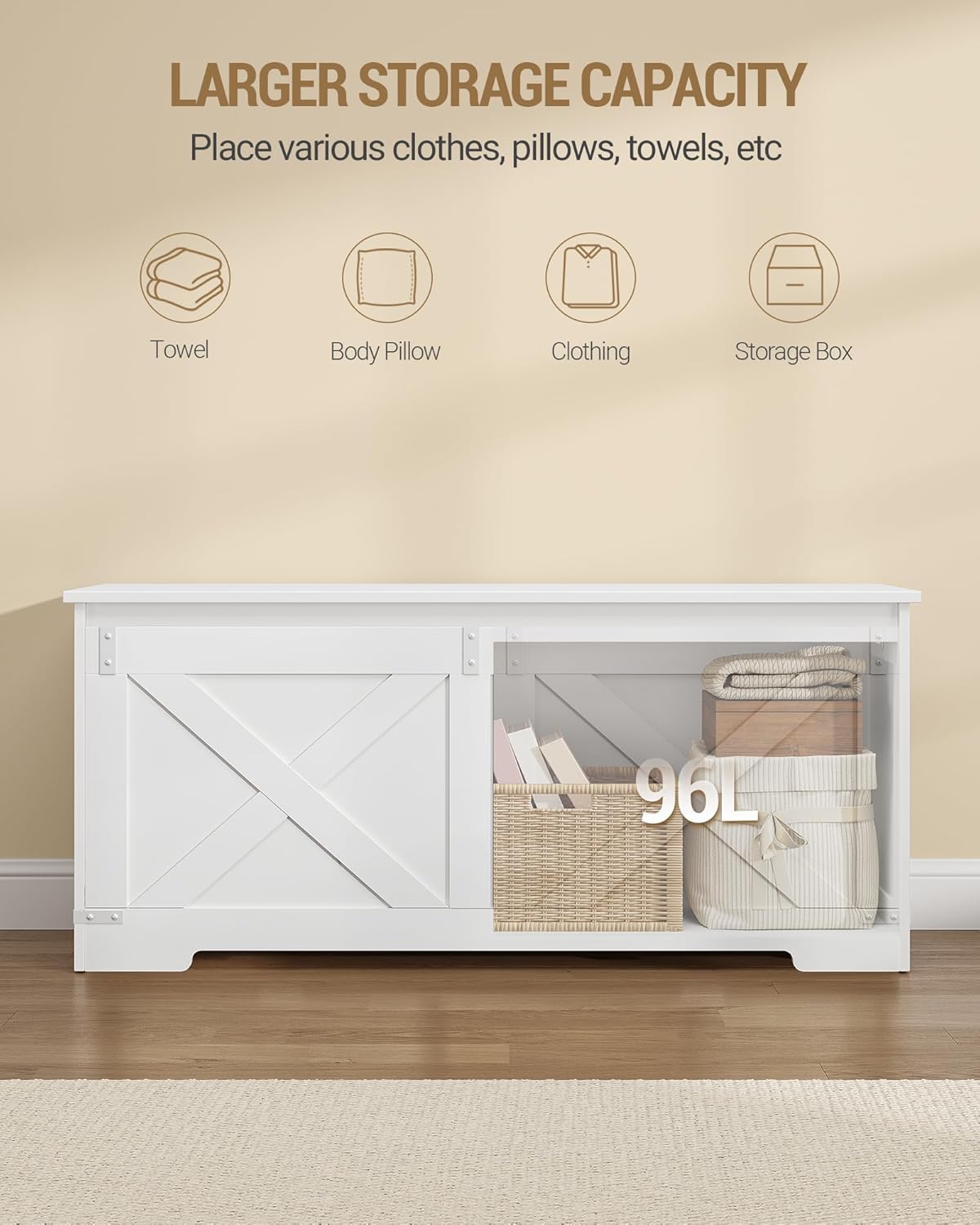 Illustration showing the interior of the storage chest with various items like towels, body pillows, clothing, and storage boxes, indicating a 96L capacity.