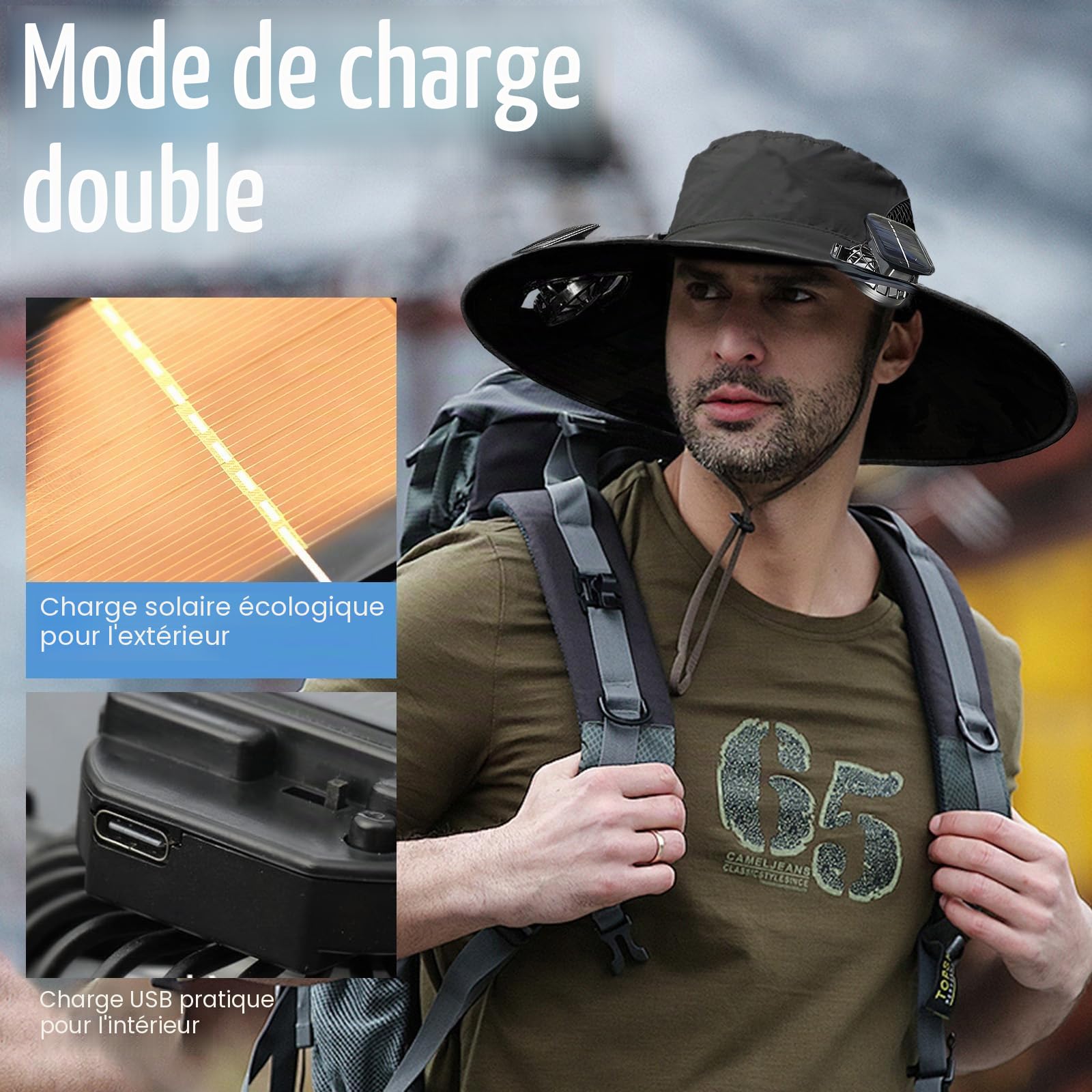 Chapeau de Fan Solaire à Bord Large,Chapeau de Pêche pour Protection Solaire avec 2 Ventilateurs Chapeaus Rafraîchissant avec Solaire Et USB Chargement pour Hommes Femmes