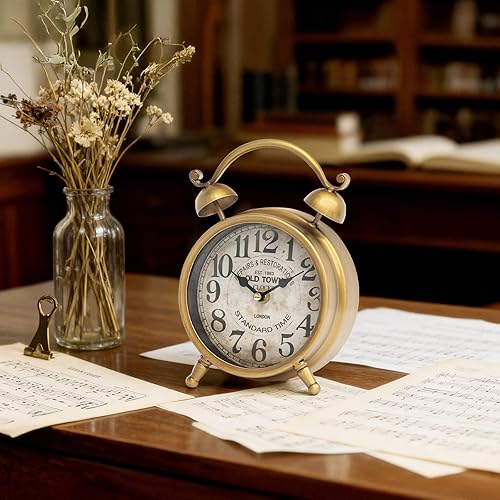 Miniatura 7 de Reloj de mesa de oro antiguo, reloj de escritorio rústico de granja, reloj de mesa silencioso sin tictac para dormitorio, sala de estar o estante,
