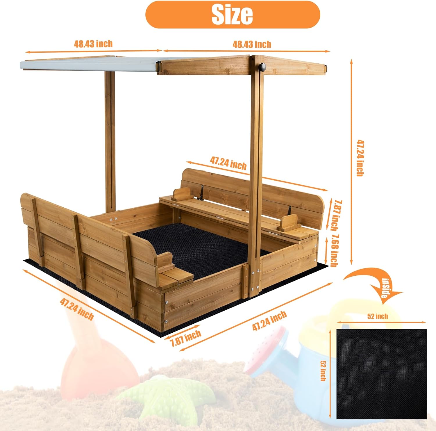 Ketive Sandbox with Cover, Wooden Sandbox with Canopy Rotatable Canopy, Adjustable Height, and UV-Resistant, 47 x 47 inch Sand Boxes for Kids Outdoor with Lid