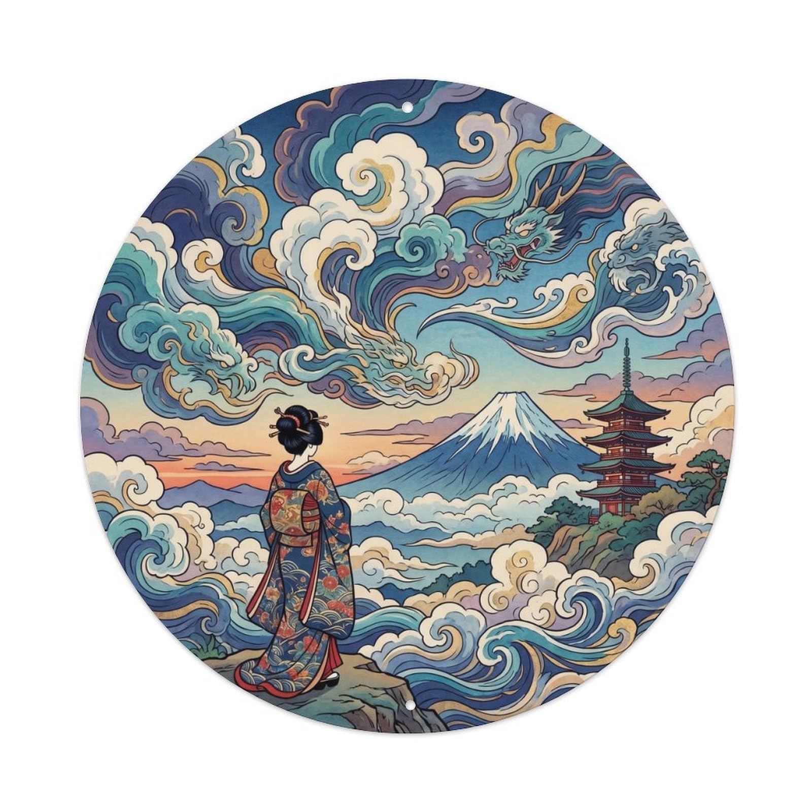 Galvaxio Style Japanese Kimono Woman Watching Clouds Rolling Sky Metal Tin Sign