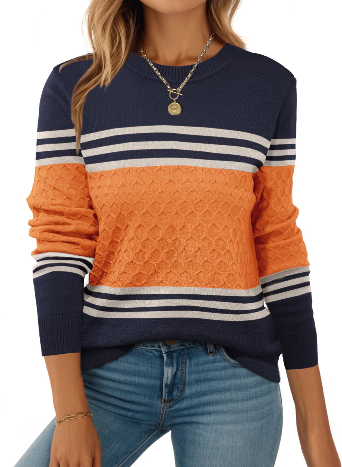 ZEAGOO Pullover Damen Strickpullover Langarm Rundhals Strickpulli Colorblock Elegant Pulli Gestreift Oberteile Herbst Winter S-XXL