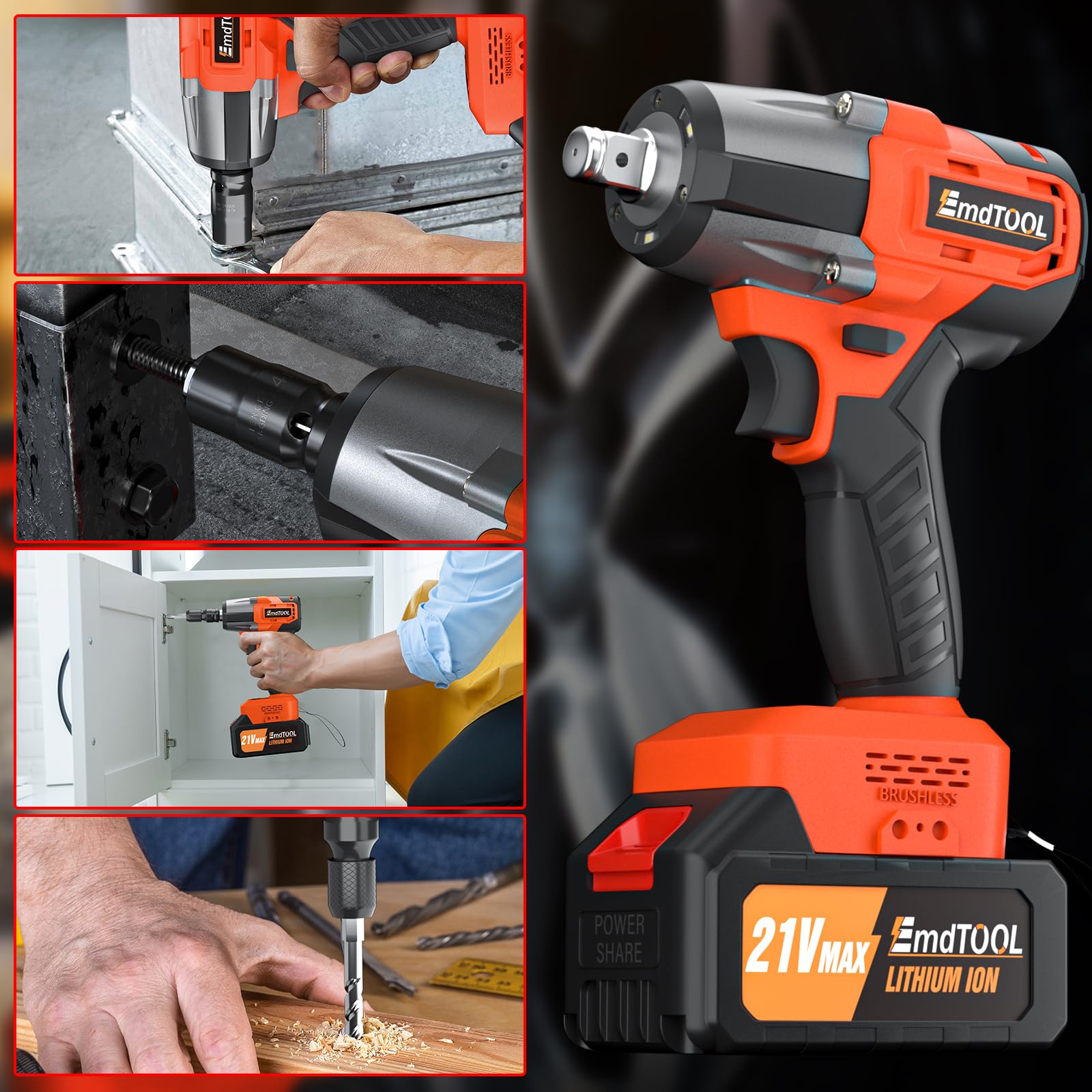 Moteur sans balais amélioré visseuses à choc électriques 1/2”Couple maximum 550n.m,lumière led intégrée,clef a choc batterie de 4,0 Ah, 2 modes de vitesse, pour boulonner et déboulonner