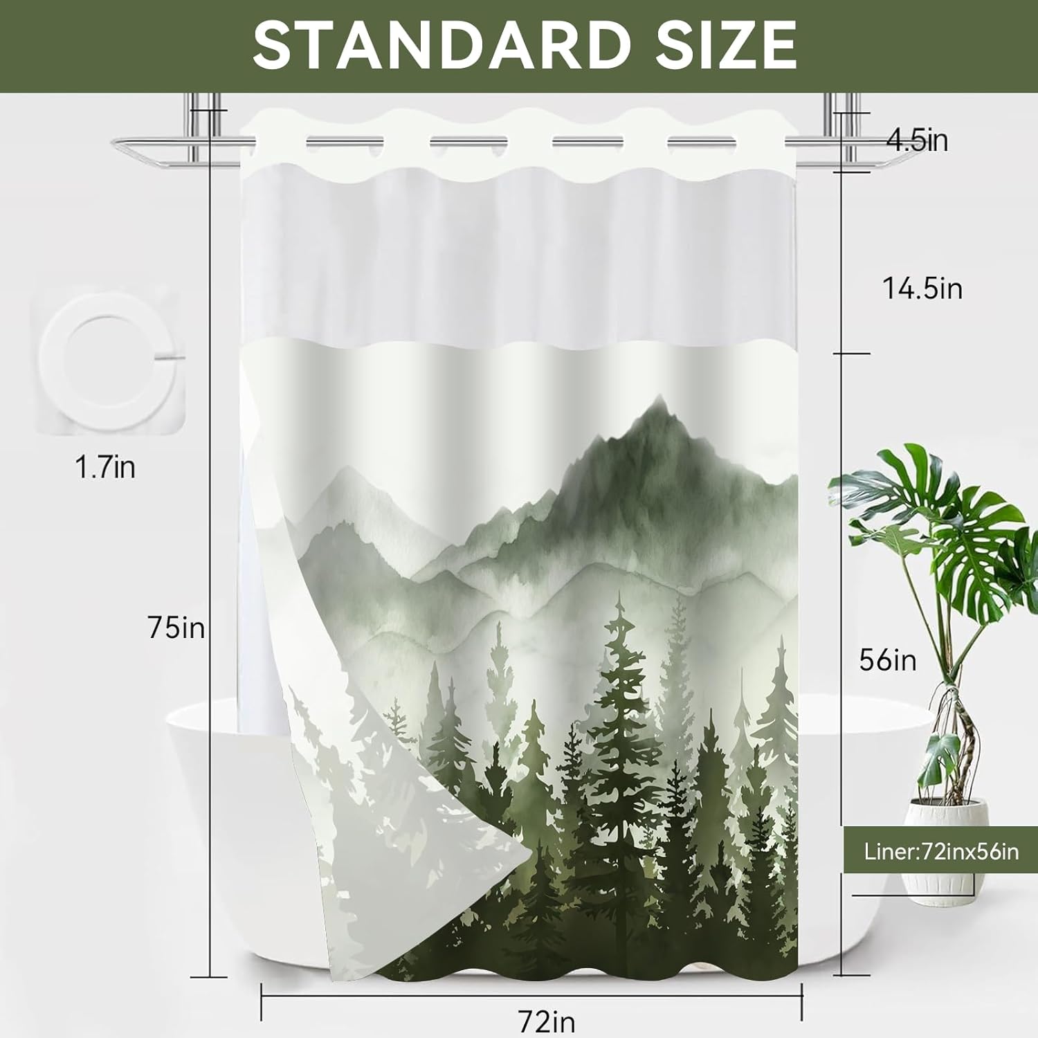 juwute Hookless Shower Curtain with Snap in Liner, Green Nature Forest No Hook Shower Curtains for Bathroom，Shower Curtain and Liner Set, 72" W x 75" L