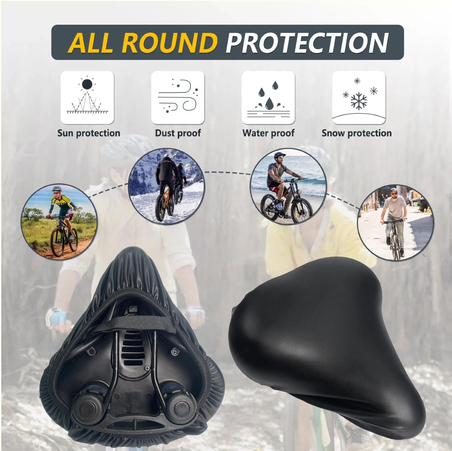 Stretch Bike Seat Cover Waterproof, PU Leather Bicycle Saddle Cover, Flexible Fit for Wide & Standard Bike Seats, All-Weather Protection, Black