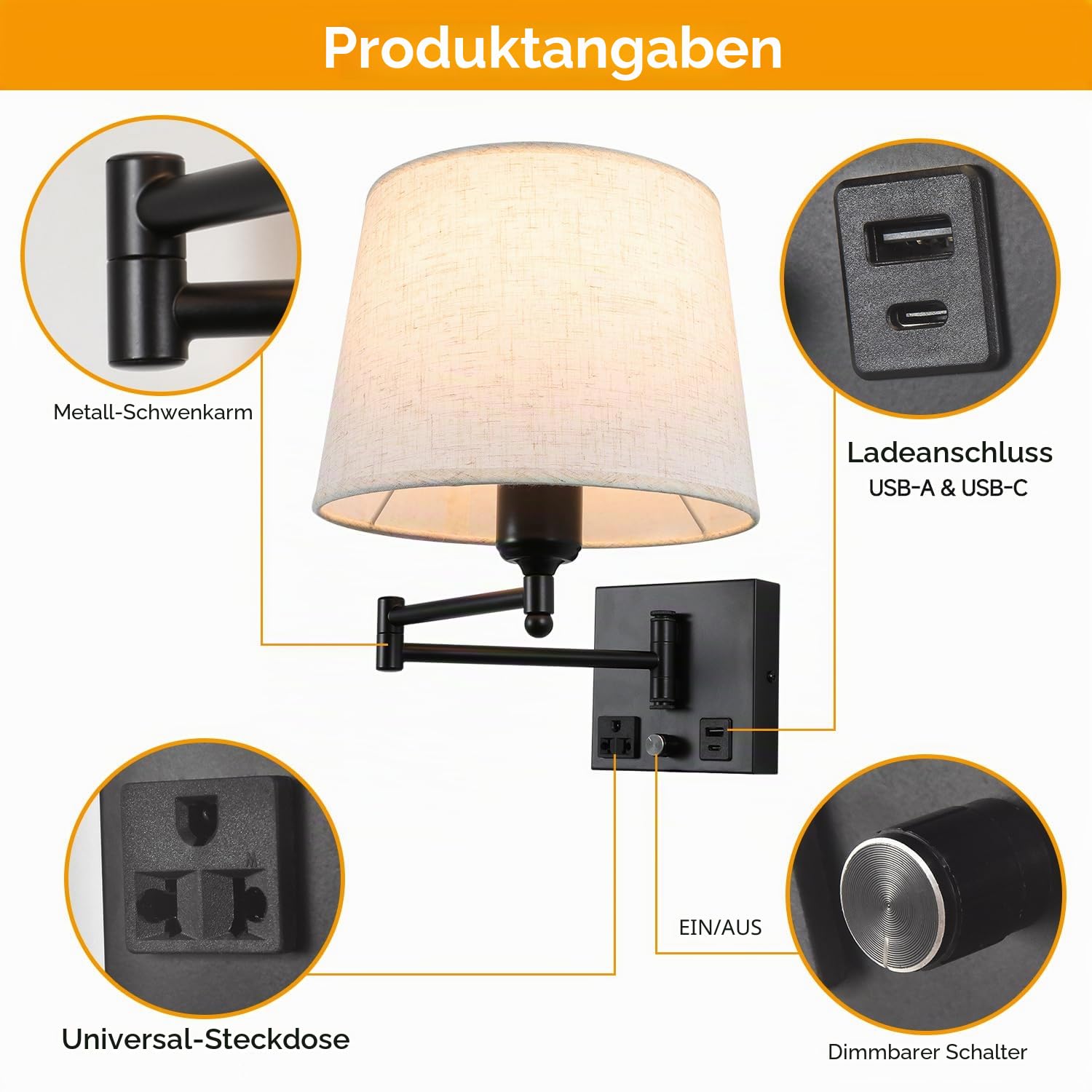 Schwenkbare Wandlampe mit Stoffschirm, USB-A & USB-C Ladeanschlüssen, integrierter Steckdose, Drehdimmer, Plug-in Wandleseleuchte verstellbar fürs Bett Schlafzimmer Hotel